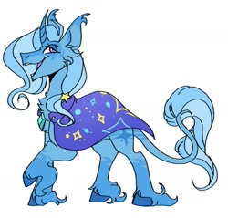 Size: 1362x1301 | Tagged: safe, artist:rockin_candies, character:trixie, species:pony, species:unicorn, cape, clothing, curved horn, ear tufts, female, horn, leonine tail, open mouth, raised hoof, simple background, smiling, solo, trixie's cape, unshorn fetlocks, white background