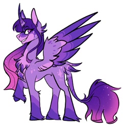Size: 963x1000 | Tagged: safe, artist:rockin_candies, character:twilight sparkle, character:twilight sparkle (alicorn), species:alicorn, species:pony, butt feathers, chest fluff, curved horn, female, horn, leonine tail, raised hoof, simple background, smiling, solo, spread wings, unshorn fetlocks, white background, wings