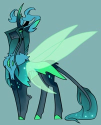 Size: 1032x1279 | Tagged: safe, artist:rockin_candies, character:queen chrysalis, species:changeling, species:reformed changeling, antlers, changeling queen, chest fluff, colored hooves, dark changedling, female, green background, horn, purified chrysalis, reformed, simple background, slit pupils, solo, wings