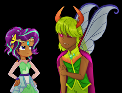 Size: 2340x1792 | Tagged: safe, artist:emmakkkkk, artist:katnekobase, base used, character:starlight glimmer, character:thorax, species:changeling, species:reformed changeling, my little pony:equestria girls, belt, black background, clothing, dark skin, dress, duo, equestria girls-ified, female, human coloration, lip bite, male, pants, robe, shirt, simple background, skirt, smiling, smirk, wings