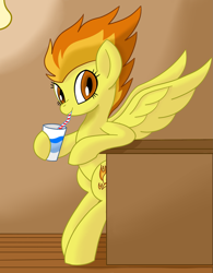 Size: 1367x1750 | Tagged: safe, artist:notadeliciouspotato, character:spitfire, species:pegasus, species:pony, bipedal, bipedal leaning, counter, cup, drinking, drinking straw, female, hoof hold, leaning, lightbulb, looking at you, mare, raised leg, semi-anthro, smiling, solo, spread wings, wings
