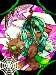 Size: 768x1024 | Tagged: safe, artist:tomizawa96, character:queen chrysalis, species:changeling, changeling queen, female, spider web, stained glass, vine