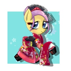 Size: 768x768 | Tagged: safe, artist:tomizawa96, character:fluttershy, species:pegasus, species:pony, alternate hairstyle, clothing, female, flower, kimono (clothing), shoes, solo