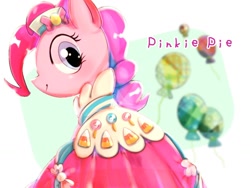 Size: 1024x768 | Tagged: safe, artist:tomizawa96, character:pinkie pie, species:earth pony, species:pony, balloon, clothing, dress, female, gala dress, looking back, mare, pinkie pie's birthday, rear view, smiling, solo, text