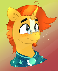 Size: 1132x1386 | Tagged: safe, artist:fuzzypones, character:sunburst, species:pony, species:unicorn, adorkable, beanbrows, beard, blushing, bust, cloak, clothing, cute, dork, eyebrows, facial hair, glasses, gradient background, male, smiling, solo, sparkles, stallion, sunbetes