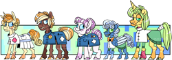 Size: 3039x1073 | Tagged: safe, artist:spudsmcfrenzy, oc, oc:fluffy clouds, oc:mr. corn, oc:page turner, oc:sweet heart, oc:zoe loft, parent:carrot cake, parent:cup cake, parent:derpy hooves, parent:doctor whooves, parents:carrot cup, parents:doctorderpy, species:earth pony, species:pegasus, species:pony, species:unicorn, female, male, mare, next generation, offspring, simple background, stallion, transparent background