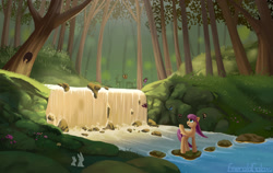Size: 3000x1900 | Tagged: safe, artist:emeraldgalaxy, character:fluttershy, species:deer, species:pegasus, species:pony, species:rabbit, animal, butterfly, female, flower, forest, mare, open mouth, rock, scenery, solo, squirrel, tree, waterfall