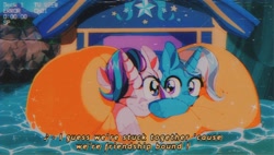 Size: 1200x682 | Tagged: safe, artist:poneko-chan, character:starlight glimmer, character:trixie, species:pony, species:unicorn, episode:on the road to friendship, '90s, blushing, cheek squish, cheek to cheek, cute, diatrixes, duo, eye contact, female, friendshipping, ghastly gorge, glimmerbetes, i guess we're stuck together, inflatable, inflatable raft, looking at each other, mare, one eye closed, prone, raft, scene interpretation, shipping fuel, snuggling, squished, squishy cheeks, trixie's wagon, we're friendship bound