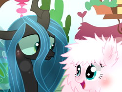 Size: 640x480 | Tagged: safe, artist:arcticwinds143, artist:dipi11, artist:themune, base used, character:queen chrysalis, oc, oc:fluffle puff, species:changeling, species:earth pony, species:pony, ship:chrysipuff, blushing, canon x oc, cute, cutealis, female, flufflebetes, lesbian, mare, open mouth, shipping