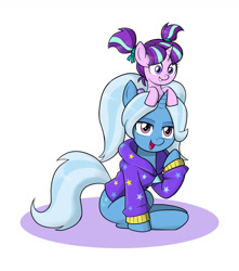 Size: 1150x1300 | Tagged: safe, artist:mew-me, gameloft, character:starlight glimmer, character:trixie, species:pony, species:unicorn, alternate hairstyle, babysitter trixie, clothing, cute, duo, duo female, female, filly, filly starlight glimmer, gameloft interpretation, mare, open mouth, pigtails, younger