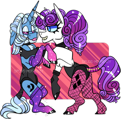 Size: 1066x1050 | Tagged: safe, artist:spudsmcfrenzy, character:rarity, character:trixie, species:pony, species:unicorn, bipedal, bridle, clothing, corset, face mask, female, fishnets, lesbian, mare, rarixie, shipping, simple background, tack, transparent background