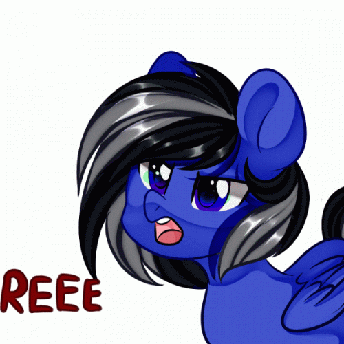 Size: 500x500 | Tagged: safe, artist:thieftea, oc, oc only, oc:driftor, species:pegasus, species:pony, animated, animated ych, black hair, blue, blue coat, blue eyes, folded wings, gif, grey hair, male, open mouth, pegasus oc, reeee, simple background, solo, stallion, striped mane, two toned hair, two toned mane, white background, wings