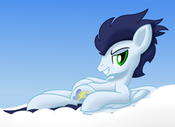 Size: 1452x1056 | Tagged: safe, artist:notadeliciouspotato, derpibooru original, character:soarin', species:pegasus, species:pony, bedroom eyes, cloud, looking at you, male, on a cloud, on back, sky, smiling, solo, spread wings, stallion, teeth, wings
