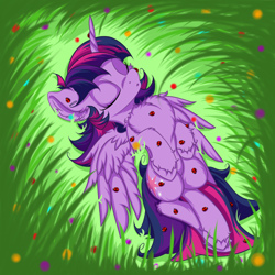 Size: 2500x2500 | Tagged: safe, artist:rurihal, character:twilight sparkle, character:twilight sparkle (alicorn), species:alicorn, species:pony, chest fluff, cute, ear fluff, eyes closed, female, flower, fluffy, grass, high res, hoof fluff, insect, ladybug, nap, on back, sleeping, solo, this will end in tears, this will not end well, twiabetes, twilight hates ladybugs, unshorn fetlocks