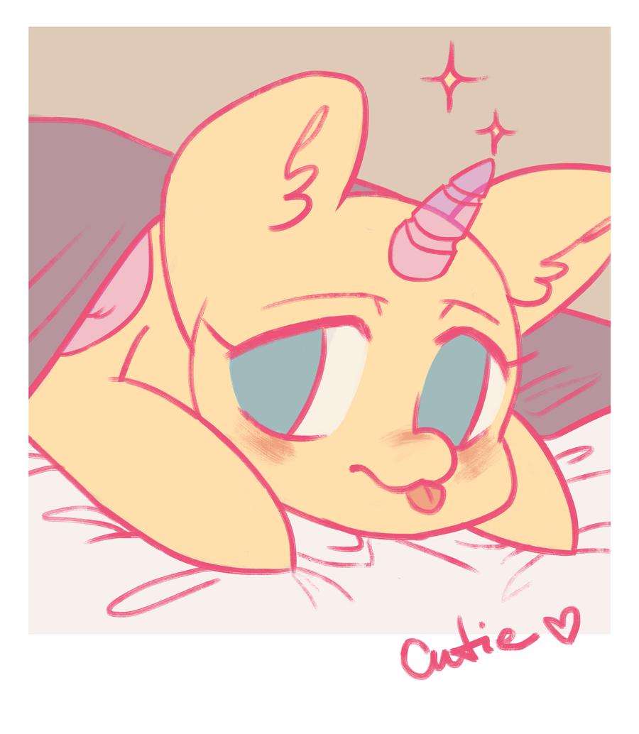 Size: 900x1034 | Tagged: safe, artist:klooda, species:pony, advertisement, animated, bed, blep, blinking, bust, cute, cutie, female, lying down, lying on bed, mare, pastel, polaroid, portrait, prone, solo, sparkles, tongue out, ych example, your character here