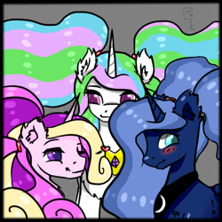 Size: 1024x1024 | Tagged: safe, artist:dark_nidus, character:princess cadance, character:princess celestia, character:princess luna, species:alicorn, species:pony, alicorn triarchy, cute, female, jewelry, ponytail, simple background, smiling
