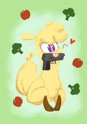 Size: 3036x4299 | Tagged: safe, artist:jimmyjamno1, community related, character:paprika paca, species:alpaca, them's fightin' herds, apple, broccoli, cloven hooves, female, food, gun, handgun, heart, mouth hold, pacman eyes, pistol, solo, weapon
