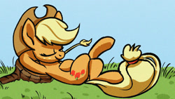 Size: 2139x1203 | Tagged: safe, artist:jimmyjamno1, character:applejack, species:earth pony, species:pony, crossed legs, cute, eyes closed, female, jackabetes, mare, on back, solo, straw in mouth