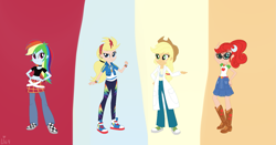 Size: 1641x863 | Tagged: safe, artist:lumi-infinite64, character:applejack, character:rainbow dash, species:human, my little pony:equestria girls, ashleigh ball, clothes swap, clothing, crossover, equestria girls-ified, female, johnny test, mary test, sissy blakely, solo, voice actor joke