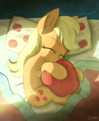 Size: 2000x2450 | Tagged: safe, artist:litrojia, character:applejack, species:earth pony, species:pony, apple, bed, cute, ear fluff, eyes closed, female, food, high res, hug, jackabetes, large ears, lying down, mare, missing accessory, on side, pillow, plushie, sleeping, smiling, solo, sunlight, that pony sure does love apples