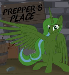 Size: 2255x2431 | Tagged: safe, artist:grypher, oc, oc only, oc:prepper, species:alicorn, species:pony, fallout equestria, artificial alicorn, fallout equestria: prepper, fanfic art, green alicorn (fo:e), happy, smiling, spread wings, wings