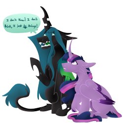 Size: 889x889 | Tagged: safe, artist:citruspone, artist:rockin_candies, edit, character:queen chrysalis, character:twilight sparkle, character:twilight sparkle (alicorn), species:alicorn, species:changeling, species:pony, changeling queen, color edit, colored, curved horn, dialogue, duo, fangs, female, horn, leonine tail, open mouth, raised hoof, simple background, sitting, speech bubble, transparent background, wings