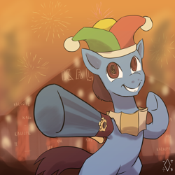 Size: 1668x1668 | Tagged: safe, artist:digiral, species:pony, clothing, hat, jester hat, male, robot, robot pony, solo, stallion