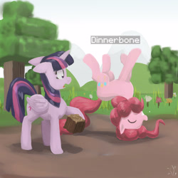 Size: 3000x3000 | Tagged: safe, artist:digiral, character:pinkie pie, character:twilight sparkle, character:twilight sparkle (alicorn), species:alicorn, species:earth pony, species:pony, box, duo, female, mare, minecraft, pinkie being pinkie, pinkie physics, upside down, wood