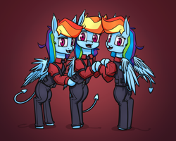 Size: 1500x1200 | Tagged: safe, artist:dacaoo, character:rainbow dash, species:pegasus, species:pony, belt, cerberus (helltaker), clothing, helltaker, pants, shadow, shirt, simple background, triality