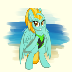 Size: 1900x1900 | Tagged: safe, artist:litrojia, character:lightning dust, species:pegasus, species:pony, abstract background, beach, bipedal, chest fluff, clothing, ear fluff, female, fluffy, lidded eyes, looking at you, mare, one-piece swimsuit, smiling, solo, swimsuit, water