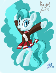 Size: 1044x1364 | Tagged: safe, artist:notadeliciouspotato, character:lighthoof, species:earth pony, species:pony, abstract background, bipedal, cheerleader, cheerleader outfit, clothing, female, mare, open mouth, pleated skirt, raised hoof, signature, skirt, smiling, solo, talking