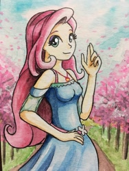 Size: 900x1200 | Tagged: safe, artist:astevenamedwolf, character:fluttershy, g4, my little pony: equestria girls, my little pony:equestria girls, female, geode of fauna, looking at you, magical geodes, smiling, solo, traditional art, tree