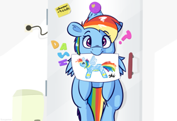 Size: 2100x1440 | Tagged: safe, artist:fuzzypones, character:rainbow dash, species:pegasus, species:pony, cute, dashabetes, drawing, female, hanging, implied boop, magnet, refrigerator, scruff, scruffed, solo