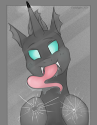 Size: 1553x1986 | Tagged: safe, artist:darklight1315, character:thorax, species:changeling, against glass, cracked glass, glass, licking window, long tongue, looking at you, male, quadrupedal, solo, tongue out, underhoof