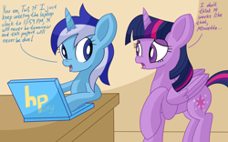 Size: 2400x1500 | Tagged: safe, artist:notadeliciouspotato, character:minuette, character:twilight sparkle, character:twilight sparkle (alicorn), species:alicorn, species:pony, species:unicorn, newbie artist training grounds, atg 2020, computer, dialogue, duo, female, folded wings, frown, hpony, laptop computer, looking at each other, mare, raised hoof, smiling, speech bubble, table, wings