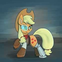 Size: 1250x1250 | Tagged: safe, artist:litrojia, character:applejack, species:earth pony, species:pony, newbie artist training grounds, abstract background, amputee, applejack's hat, atg 2020, bandana, boots, clothing, cowboy, cowboy hat, cowboy outfit, female, future, futuristic, hat, looking back, mare, missing freckles, prosthetic leg, prosthetic limb, prosthetics, shoes, solo