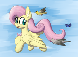 Size: 1850x1350 | Tagged: safe, artist:litrojia, character:fluttershy, species:bird, species:pegasus, species:pony, newbie artist training grounds, abstract background, atg 2020, butterfly, cheek fluff, chest fluff, dove, ear fluff, female, finch, flying, goldfinch, looking at someone, looking back, mare, mourning dove, open mouth, outdoors, sky, smiling, spread wings, wings
