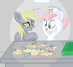 Size: 1374x1256 | Tagged: safe, artist:notadeliciouspotato, character:derpy hooves, character:nurse redheart, species:earth pony, species:pegasus, species:pony, newbie artist training grounds, atg 2020, bacteria, clothing, duo, female, frown, hat, hoof on head, hooves together, mare, nurse hat, open mouth, shocked, smiling, spill, spread wings, table, talking, test tube, wide eyes, wings