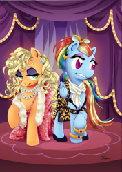 Size: 900x1273 | Tagged: safe, artist:tarkron, character:applejack, character:rainbow dash, species:earth pony, species:pegasus, species:pony, applejack also dresses in style, clothing, dress, ear piercing, earring, forced makeover, jewelry, lost bet, makeover, makeup, piercing, rainbow dash always dresses in style, signature, tomboy taming