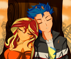 Size: 3000x2494 | Tagged: safe, artist:trainbang, character:flash sentry, character:sunset shimmer, ship:flashimmer, my little pony:equestria girls, bare shoulders, breasts, bust, busty sunset shimmer, clothing, cute, eyes closed, female, leaf, male, off shoulder, pixiv, shipping, sleeping, straight, tree