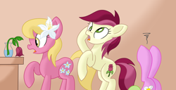 Size: 2500x1284 | Tagged: safe, artist:notadeliciouspotato, character:daisy, character:lily, character:lily valley, character:roseluck, species:earth pony, species:pony, newbie artist training grounds, atg 2020, derp, faint, female, flower, flower trio, frown, hoof on head, legs in air, mare, open mouth, rose, shocked, table, the horror, trio, vase