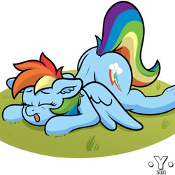 Size: 1980x1980 | Tagged: safe, artist:yelowcrom, character:rainbow dash, species:pegasus, species:pony, ear fluff, eyes closed, face down ass up, female, mare, passed out, solo, tongue out, wings