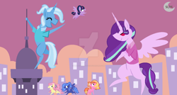 Size: 1024x547 | Tagged: safe, artist:princesslunayay, base used, character:fluttershy, character:luster dawn, character:princess luna, character:starlight glimmer, character:trixie, character:twilight sparkle, species:alicorn, species:earth pony, species:pegasus, species:pony, celestiaverse, alicornified, alternate hairstyle, alternate universe, city, clothing, deviantart watermark, earth pony fluttershy, female, giant pony, giant starlight glimmer, giant trixie, giant unicorn, giantess, logo, macro, mega trixie, micro, obtrusive watermark, pegasus luna, pegasus twilight sparkle, pointy ponies, ponytail, race swap, red eyes, s1 luna, shirt, starlicorn, title card, trixiecorn, watermark, xk-class end-of-the-world scenario, younger