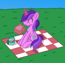 Size: 1074x1043 | Tagged: safe, artist:notadeliciouspotato, character:amethyst star, character:sparkler, species:pony, species:unicorn, newbie artist training grounds, atg 2020, aweeg*, chest fluff, cute, eating, eyes closed, female, food, grass, jar, magic, mare, peanut butter, picnic blanket, sandwich, sitting, sky, smiling, solo, telekinesis, that pony sure does love peanut butter
