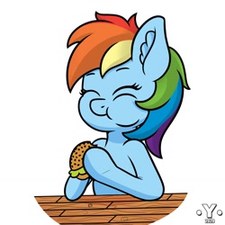 Size: 1980x1980 | Tagged: safe, artist:yelowcrom, character:rainbow dash, species:pegasus, species:pony, ear fluff, eating, female, happy, mare, semi-anthro, solo