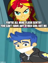 Size: 500x657 | Tagged: safe, artist:mlpfan3991, edit, edited screencap, screencap, character:flash sentry, character:sunset shimmer, ship:flashimmer, my little pony:equestria girls, caption, female, image macro, implied kidnapping, it came from deviantart, male, shipping, shipping domino, straight, text