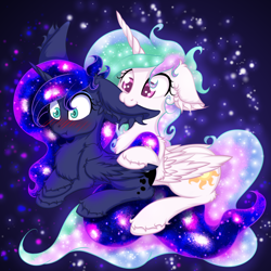 Size: 2500x2500 | Tagged: safe, artist:rurihal, character:princess celestia, character:princess luna, species:alicorn, species:pony, :3, biting, blushing, chest fluff, duo, ear bite, ear fluff, female, floppy ears, hoof fluff, leg fluff, nom, royal sisters, siblings, sisters