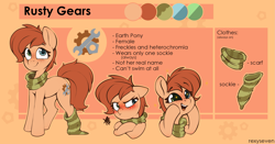 Size: 2605x1362 | Tagged: safe, artist:rexyseven, oc, oc:rusty gears, species:earth pony, species:pony, blushing, clothing, female, freckles, heterochromia, mare, reference sheet, scarf, sock, socks, solo