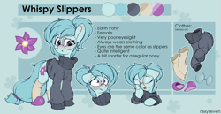Size: 2645x1362 | Tagged: safe, artist:rexyseven, oc, oc:whispy slippers, species:earth pony, species:pony, clothing, female, glasses, mare, reference sheet, slippers, socks, solo, sweater, turtleneck