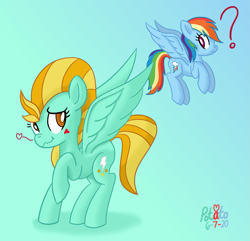 Size: 1557x1500 | Tagged: safe, artist:notadeliciouspotato, character:lightning dust, character:rainbow dash, species:pegasus, species:pony, newbie artist training grounds, ship:rainbowdust, atg 2020, confused, female, flying, frown, gradient background, heart, lesbian, looking back, mare, question mark, raised hoof, shadow, shipping, signature, spread wings, wavy mouth, wings